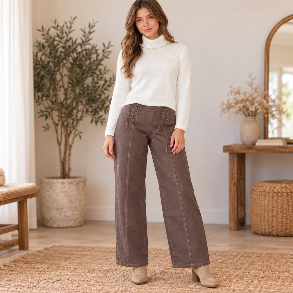 Princess Polly Bystander Brown Lace Up Wide Leg Pants NWT Size 8